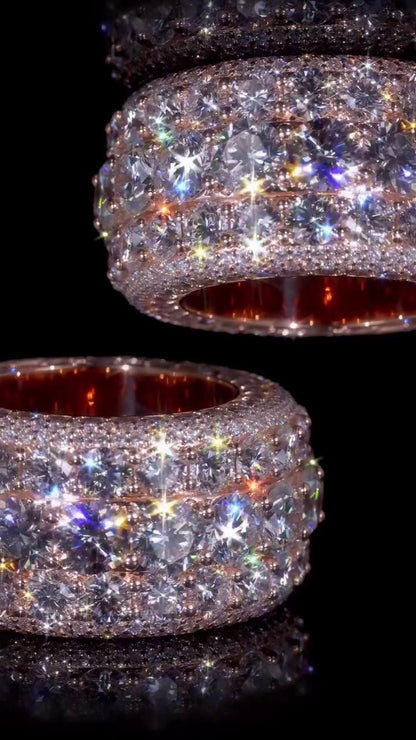 Wide Eternity Band Ring, Multi Row VVS1 Moissanite, Rose Gold Plated 925 Silver, Iced Out Hip Hop Statement Ring