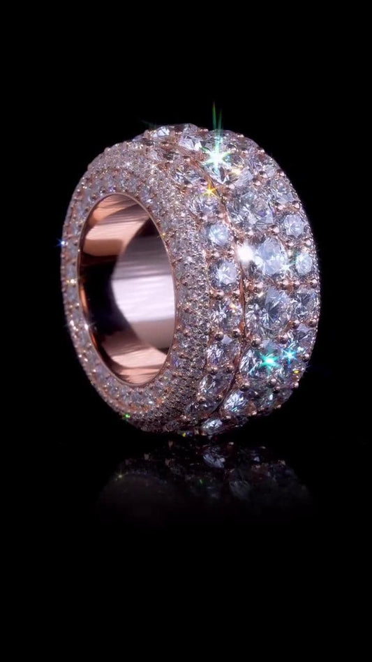 Wide Eternity Band Ring, Multi Row VVS1 Moissanite, Rose Gold Plated 925 Silver, Iced Out Hip Hop Statement Ring