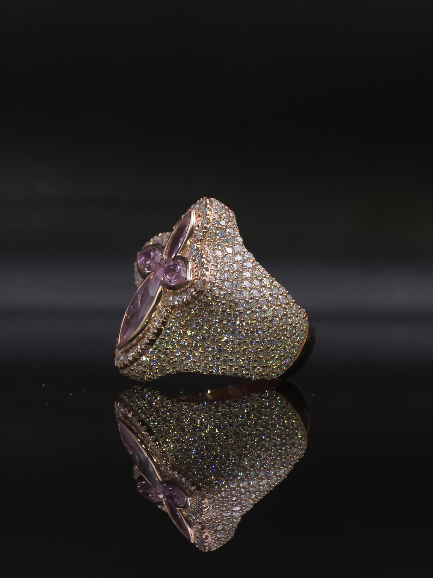Large Pink Sapphire Cross Ring, VVS1 Moissanite Statement Ring, Rose Gold Plated 925 Silver, Iced Out Men’s Hip Hop Jewelry