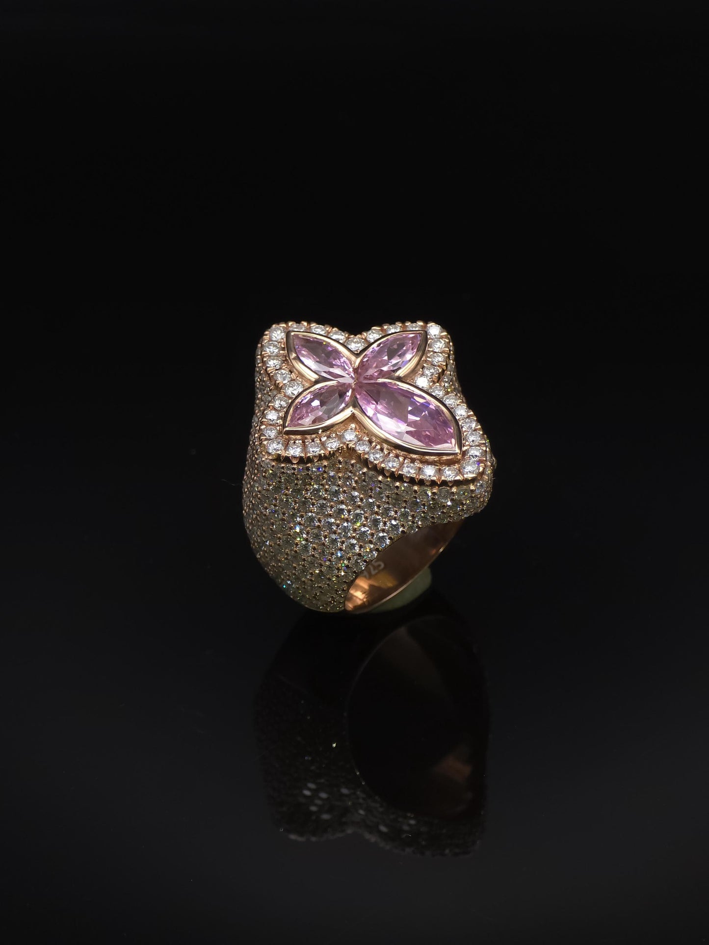 Large Pink Sapphire Cross Ring, VVS1 Moissanite Statement Ring, Rose Gold Plated 925 Silver, Iced Out Men’s Hip Hop Jewelry
