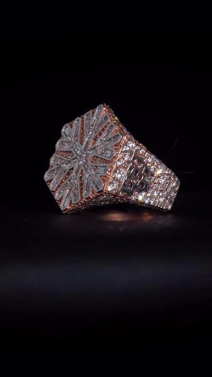Custom Snowflake Championship Ring, Baguette Moissanite Statement Ring, Personalized Initial & Year, Rose Gold 925 Silver Hip Hop Jewelry