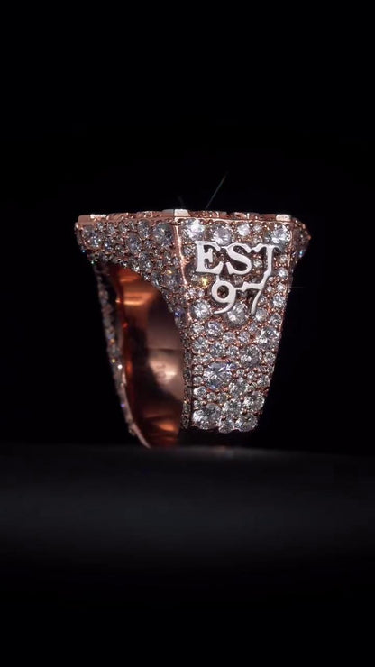 Custom Snowflake Championship Ring, Baguette Moissanite Statement Ring, Personalized Initial & Year, Rose Gold 925 Silver Hip Hop Jewelry