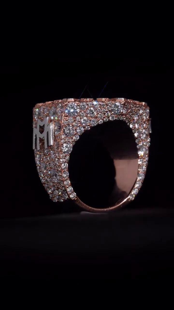 Custom Snowflake Championship Ring, Baguette Moissanite Statement Ring, Personalized Initial & Year, Rose Gold 925 Silver Hip Hop Jewelry