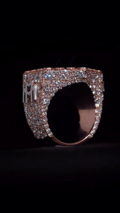 Custom Snowflake Championship Ring, Baguette Moissanite Statement Ring, Personalized Initial & Year, Rose Gold 925 Silver Hip Hop Jewelry
