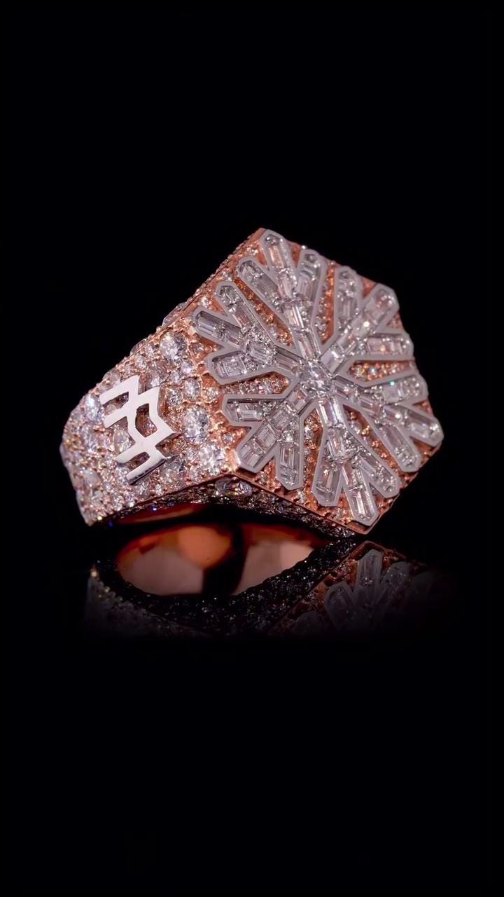 Custom Snowflake Championship Ring, Baguette Moissanite Statement Ring, Personalized Initial & Year, Rose Gold 925 Silver Hip Hop Jewelry