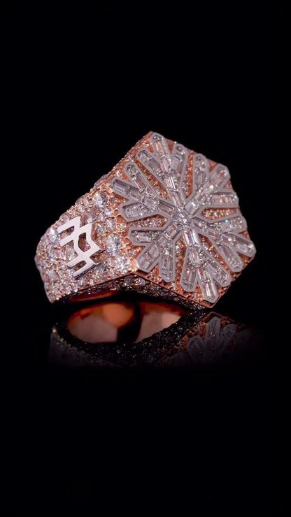 Custom Snowflake Championship Ring, Baguette Moissanite Statement Ring, Personalized Initial & Year, Rose Gold 925 Silver Hip Hop Jewelry