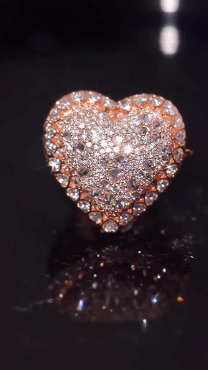 Custom Heart Moissanite Ring, Personalized Name & Logo, Iced Out 925 Silver Statement Ring, Rose Gold Hip Hop Jewelry