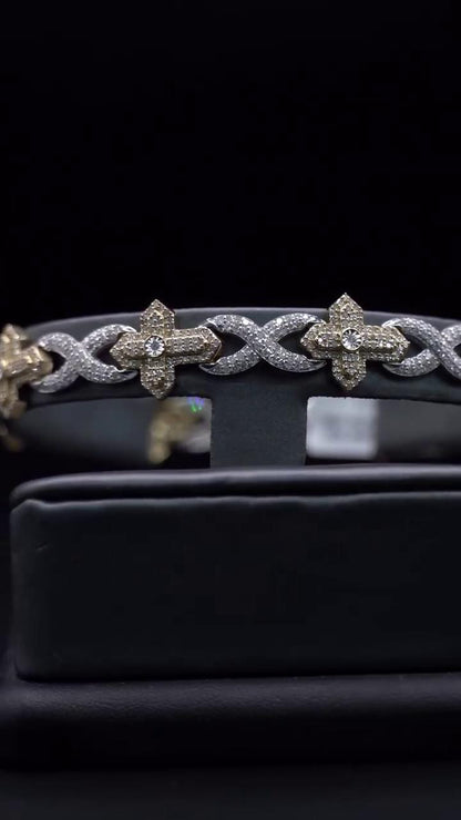 12mm Fleur de Lis X Infinity Link Bracelet | Two Tone VVS Moissanite Bracelet | 925 Sterling Silver Hip Hop Jewelry | Gift for Him