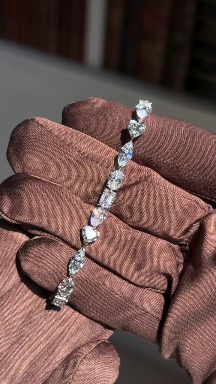 Mixed Cut Moissanite Tennis Bracelet, Marquise Oval Emerald Pear Heart, 925 Sterling Silver, VVS1 Jewelry