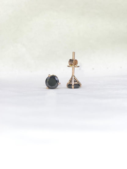 6mm Black Moissanite Stud Earrings, Round Cut, 1.6 Carat Total Weight, 925 Sterling Silver/Solid 10K Gold, Three Prong Martini Setting