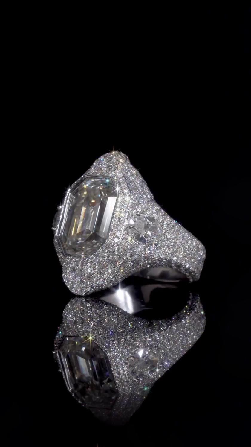 10 CT Emerald Cut Moissanite Ring, Fully Iced Statement Ring, VVS Moissanite Men’s Ring, 925 Sterling Silver Hip Hop Jewelry