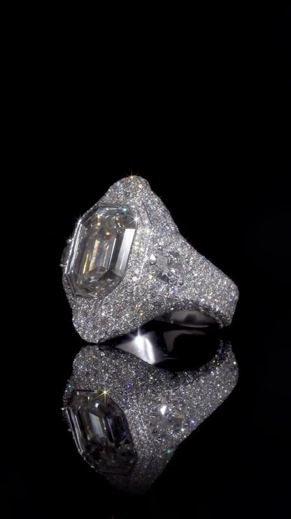 10 CT Emerald Cut Moissanite Ring, Fully Iced Statement Ring, VVS Moissanite Men’s Ring, 925 Sterling Silver Hip Hop Jewelry