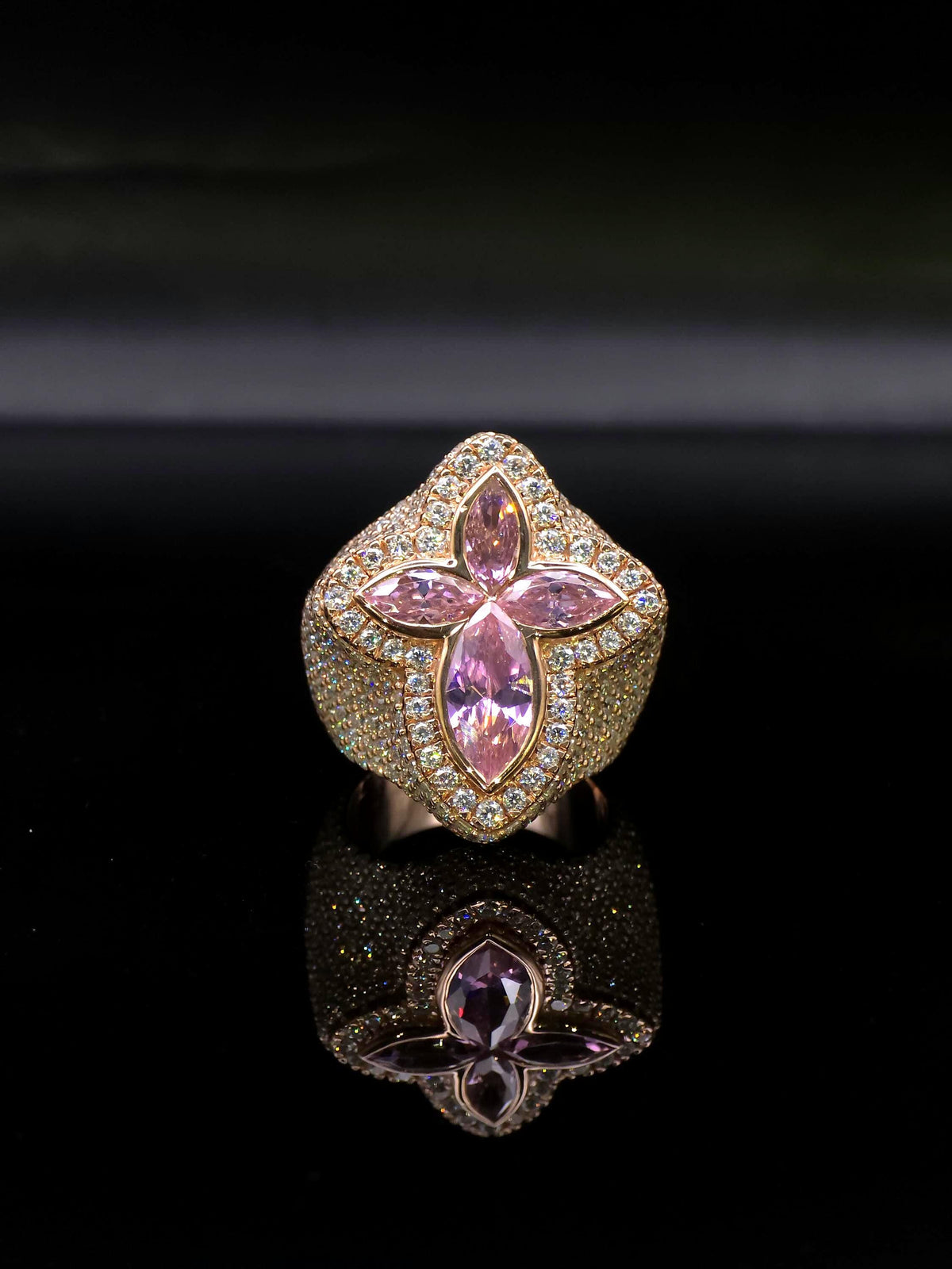 Large Pink Sapphire Cross Ring, VVS1 Moissanite Statement Ring, Rose Gold Plated 925 Silver, Iced Out Men’s Hip Hop Jewelry