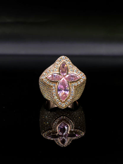 Large Pink Sapphire Cross Ring, VVS1 Moissanite Statement Ring, Rose Gold Plated 925 Silver, Iced Out Men’s Hip Hop Jewelry