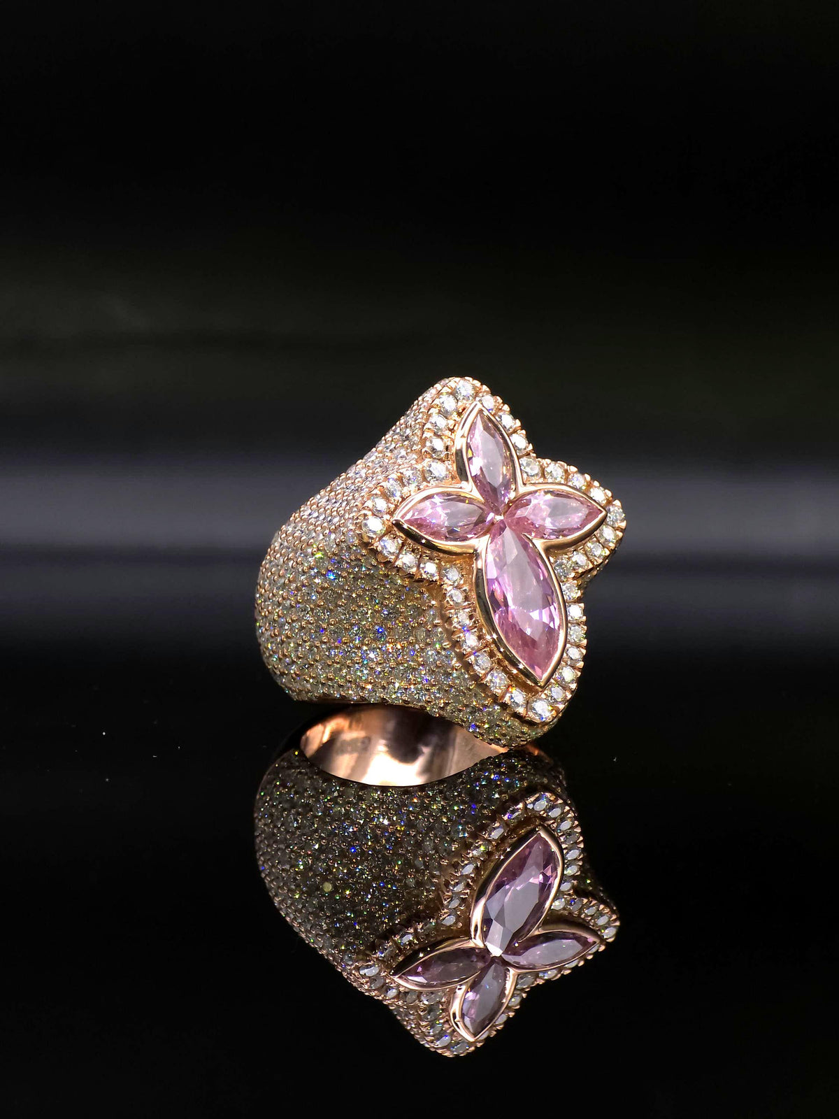 Large Pink Sapphire Cross Ring, VVS1 Moissanite Statement Ring, Rose Gold Plated 925 Silver, Iced Out Men’s Hip Hop Jewelry