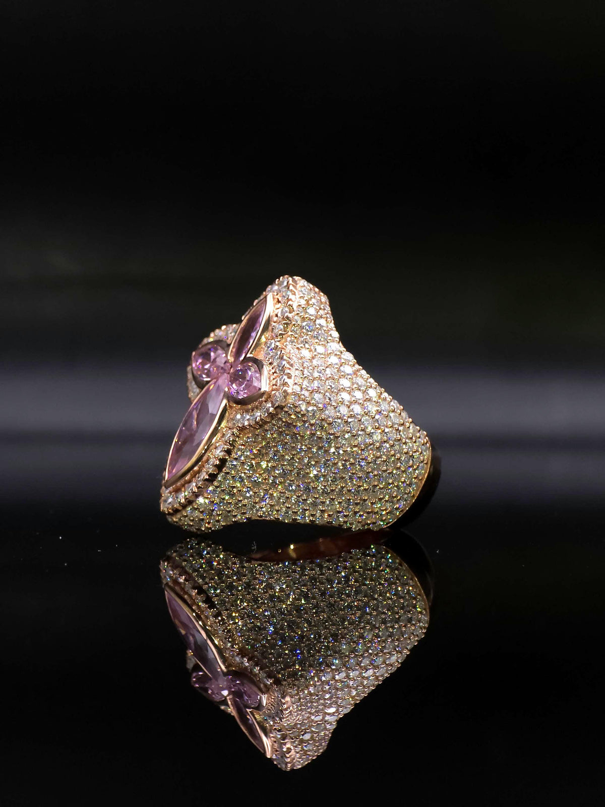 Large Pink Sapphire Cross Ring, VVS1 Moissanite Statement Ring, Rose Gold Plated 925 Silver, Iced Out Men’s Hip Hop Jewelry