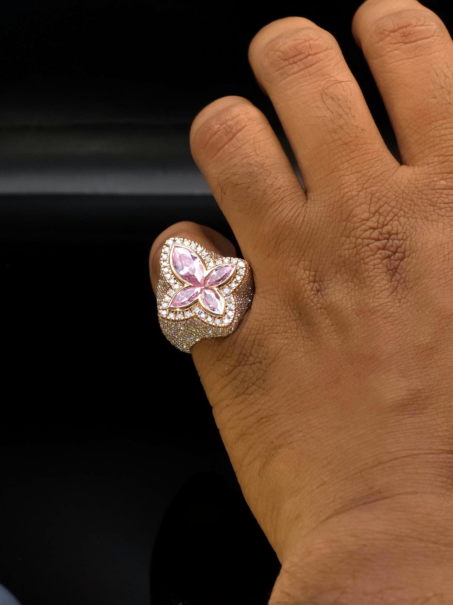 Large Pink Sapphire Cross Ring, VVS1 Moissanite Statement Ring, Rose Gold Plated 925 Silver, Iced Out Men’s Hip Hop Jewelry
