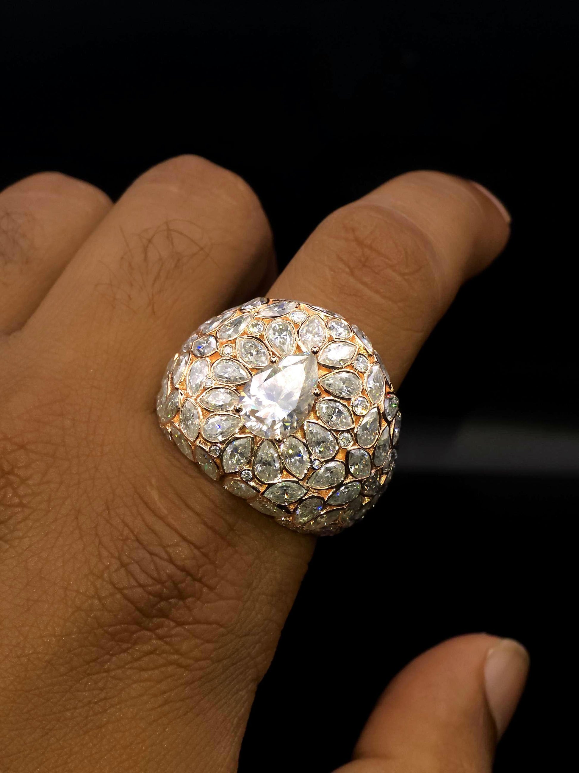 3ct Pear Moissanite Pinky Ring, Rose Gold Iced Out Hip Hop Ring, Pear & Marquise Cluster Bling, Rapper Statement Jewelry