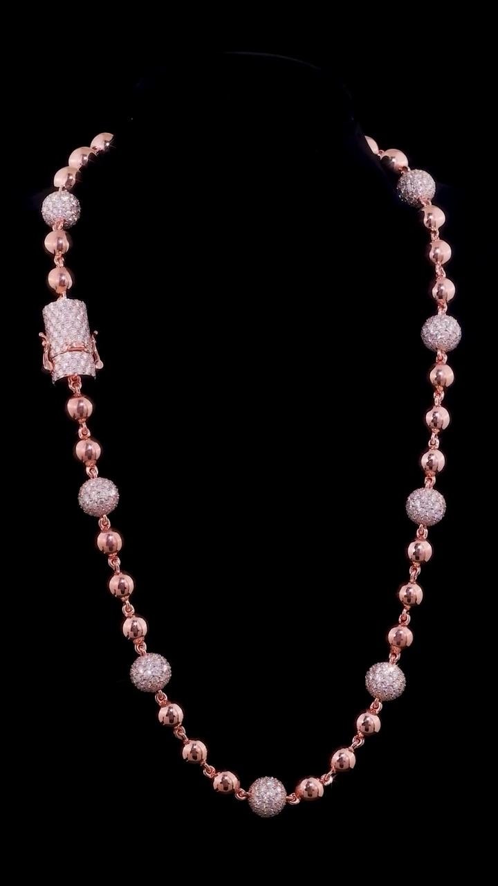 Iced Out Ball Chain Necklace, 10mm Moissanite & 7mm Polished Balls, 925 Sterling Silver, Rose Gold Hip Hop Chain