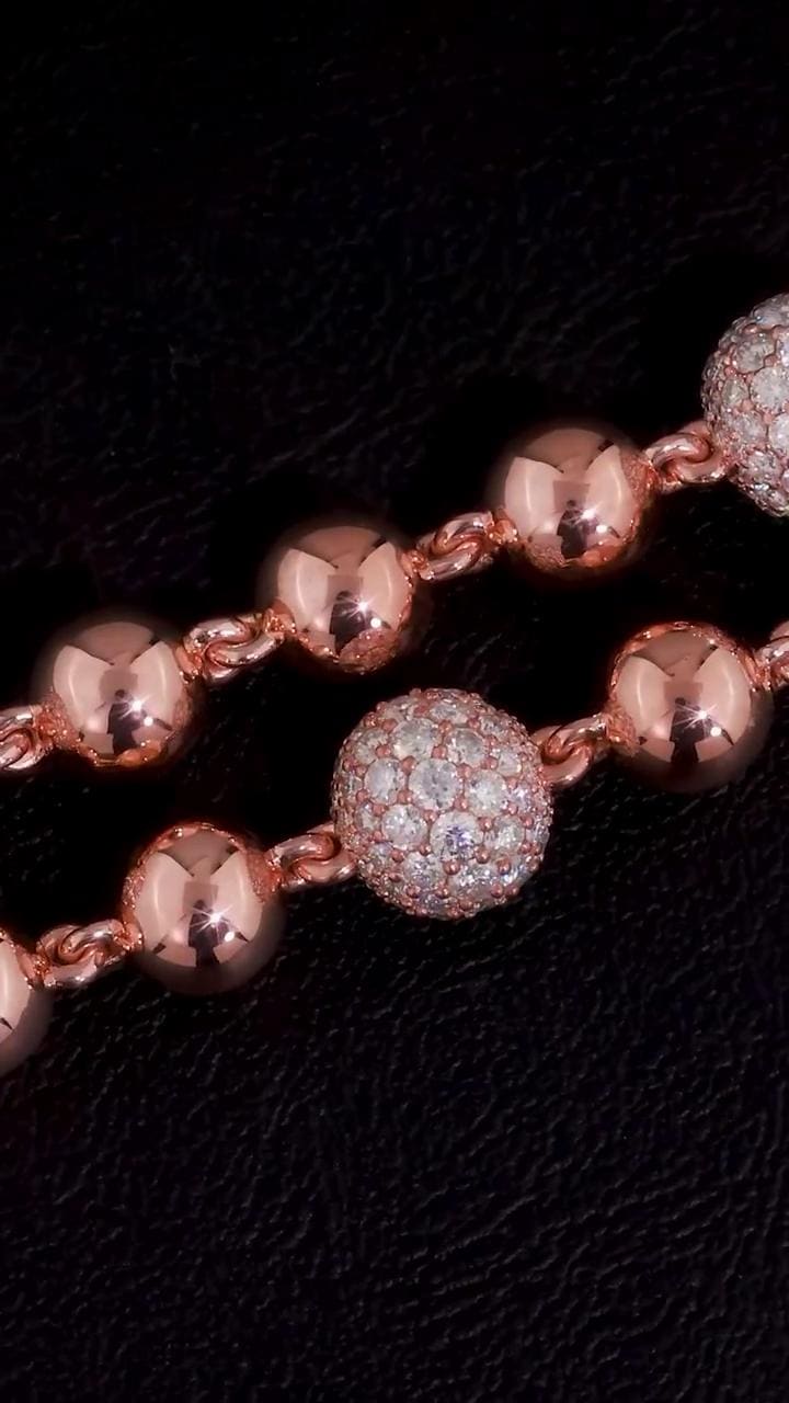 Iced Out Ball Chain Necklace, 10mm Moissanite & 7mm Polished Balls, 925 Sterling Silver, Rose Gold Hip Hop Chain