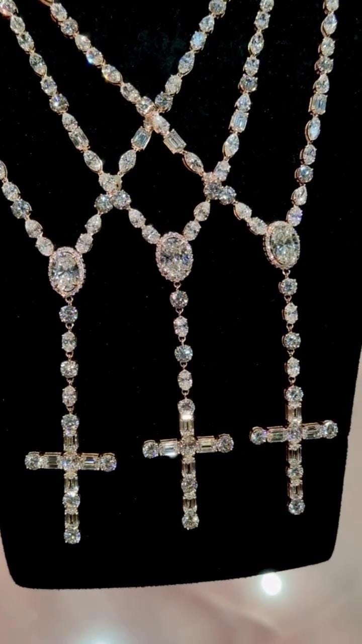 Multi-shape Rosary necklace, 5mm 24inch, D Color VVS1 moissanite, Gold Plated 925 Sterling Silver, Passes Diamond Tester