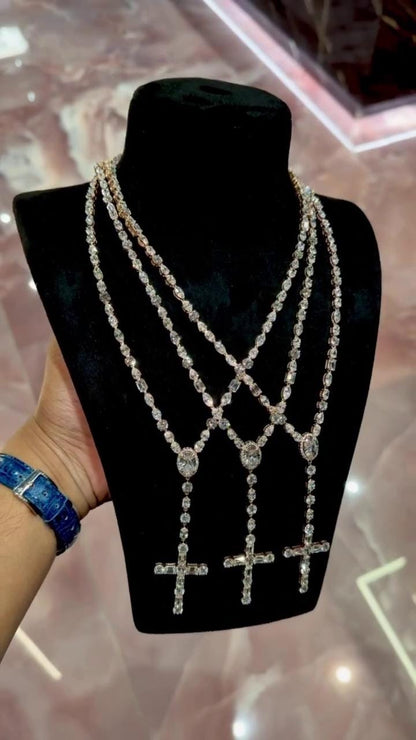 Multi-shape Rosary necklace, 5mm 24inch, D Color VVS1 moissanite, Gold Plated 925 Sterling Silver, Passes Diamond Tester