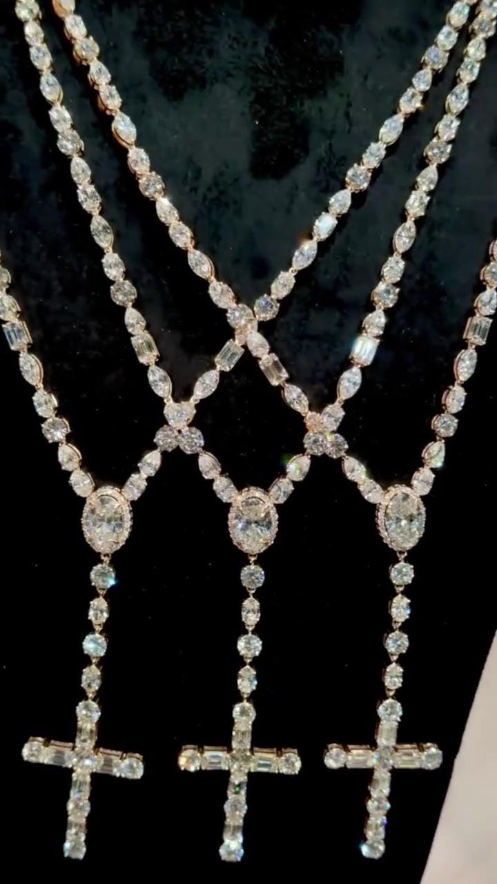 Multi-shape Rosary necklace, 5mm 24inch, D Color VVS1 moissanite, Gold Plated 925 Sterling Silver, Passes Diamond Tester