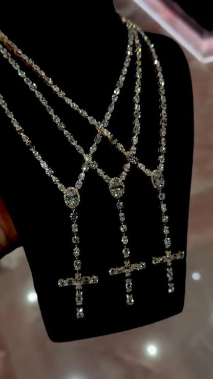 Multi-shape Rosary necklace, 5mm 24inch, D Color VVS1 moissanite, Gold Plated 925 Sterling Silver, Passes Diamond Tester