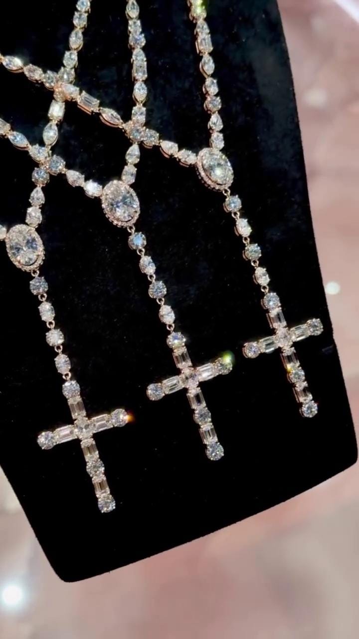 Multi-shape Rosary necklace, 5mm 24inch, D Color VVS1 moissanite, Gold Plated 925 Sterling Silver, Passes Diamond Tester