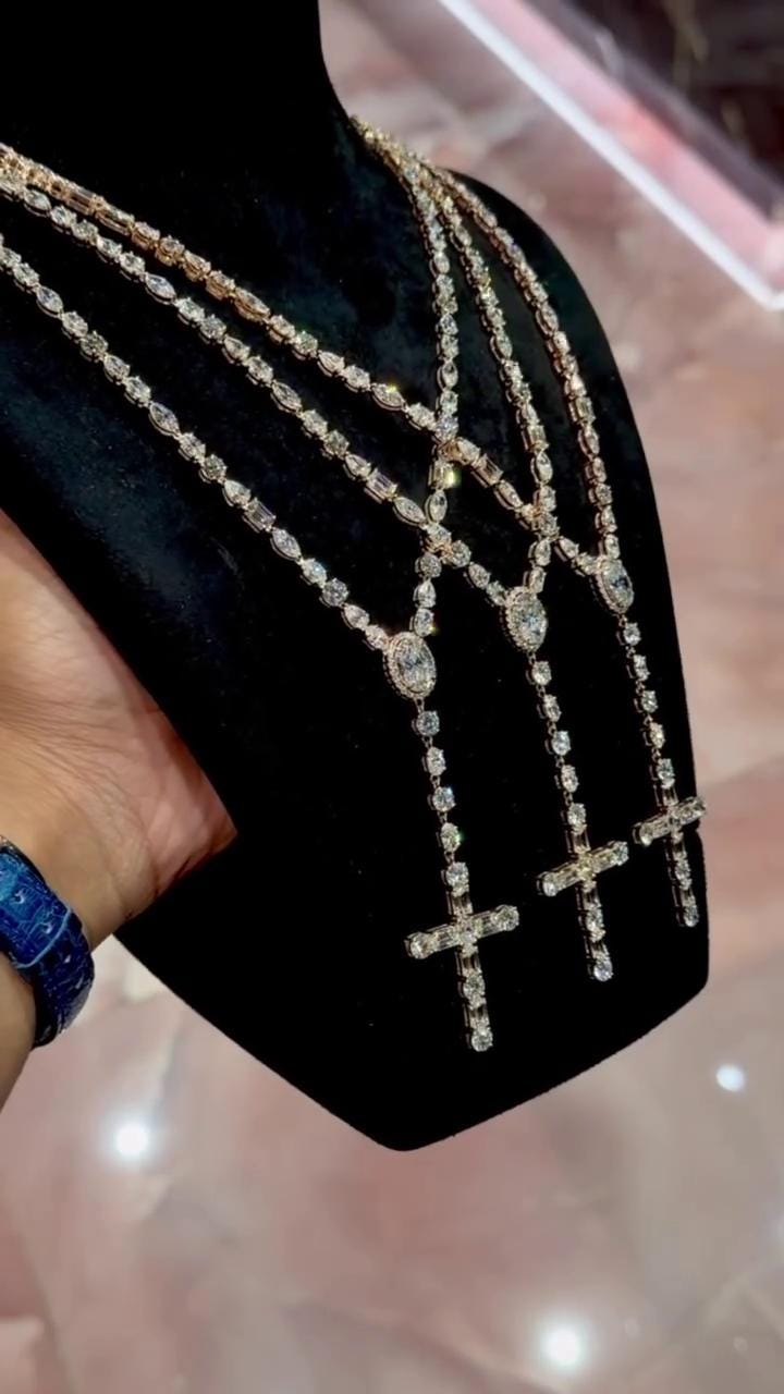 Multi-shape Rosary necklace, 5mm 24inch, D Color VVS1 moissanite, Gold Plated 925 Sterling Silver, Passes Diamond Tester