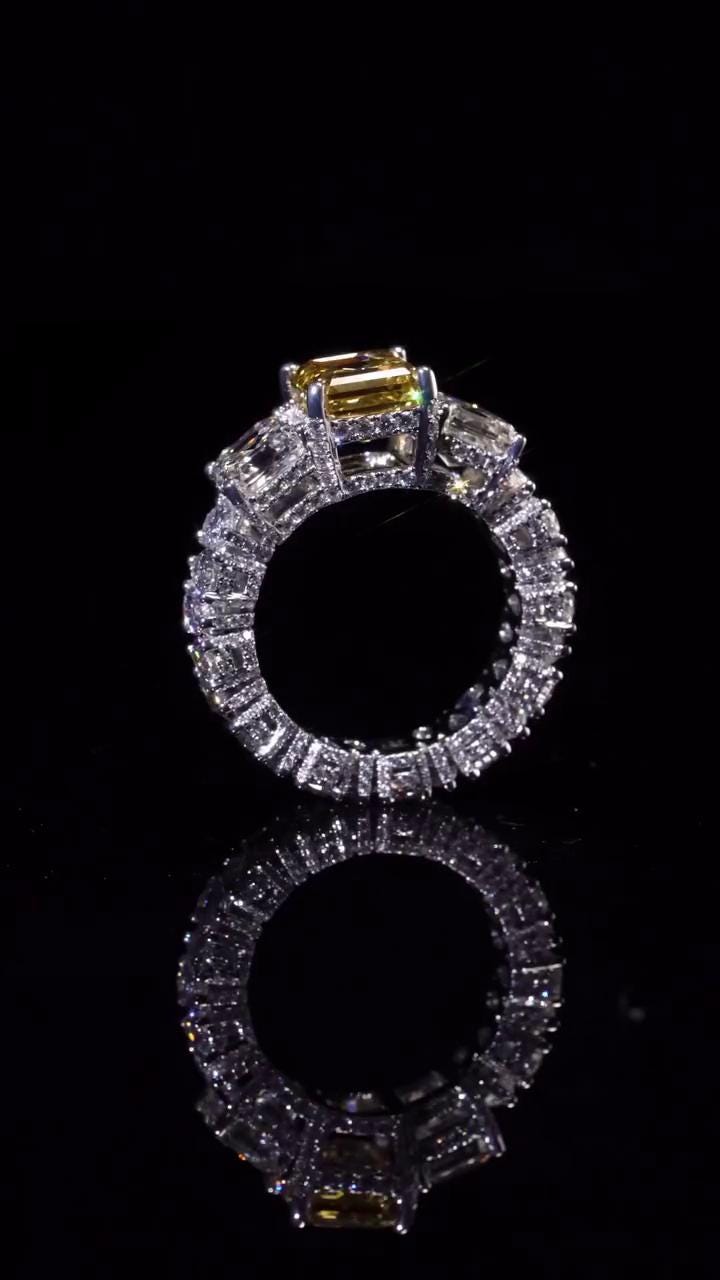 Yellow Asscher Cut Moissanite Ring, White Asscher & Pear Eternity Band, VVS1 925 Silver Statement Ring, 925 Sterling Silver