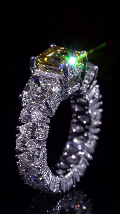 Yellow Asscher Cut Moissanite Ring, White Asscher & Pear Eternity Band, VVS1 925 Silver Statement Ring, 925 Sterling Silver
