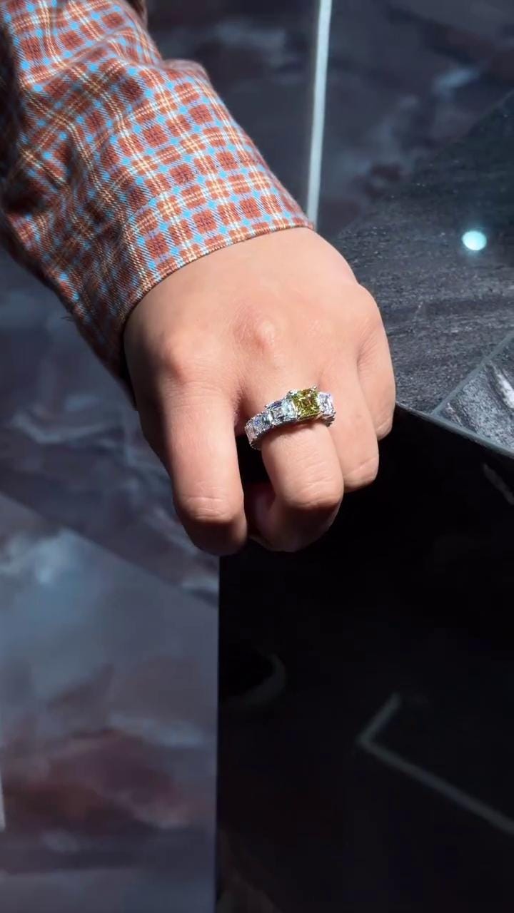 Yellow Asscher Cut Moissanite Ring, White Asscher & Pear Eternity Band, VVS1 925 Silver Statement Ring, 925 Sterling Silver