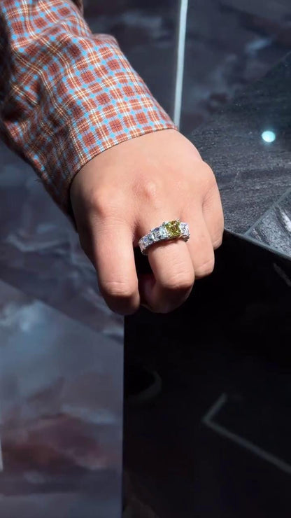 Yellow Asscher Cut Moissanite Ring, White Asscher & Pear Eternity Band, VVS1 925 Silver Statement Ring, 925 Sterling Silver