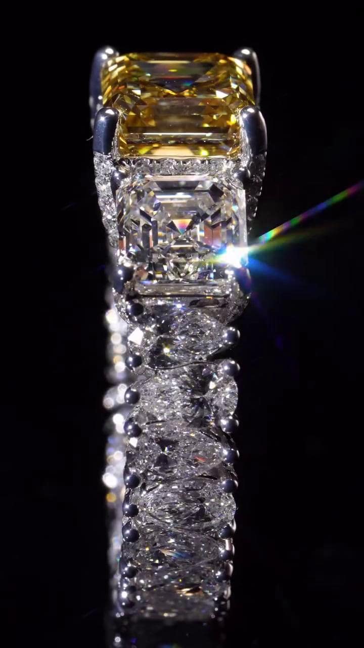 Yellow Asscher Cut Moissanite Ring, White Asscher & Pear Eternity Band, VVS1 925 Silver Statement Ring, 925 Sterling Silver