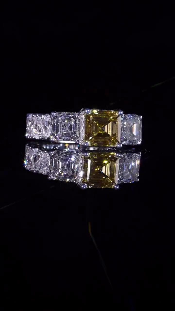 Yellow Asscher Cut Moissanite Ring, White Asscher & Pear Eternity Band, VVS1 925 Silver Statement Ring, 925 Sterling Silver