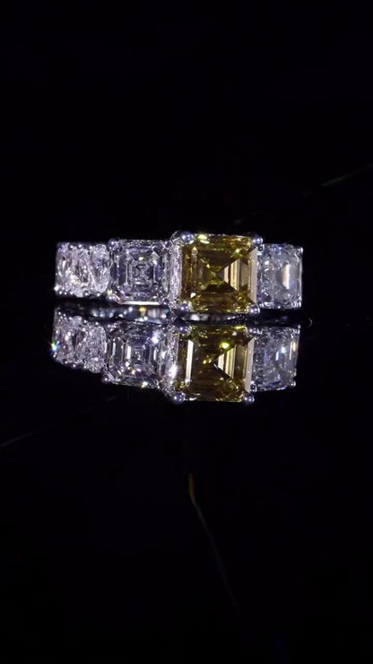 Yellow Asscher Cut Moissanite Ring, White Asscher & Pear Eternity Band, VVS1 925 Silver Statement Ring, 925 Sterling Silver