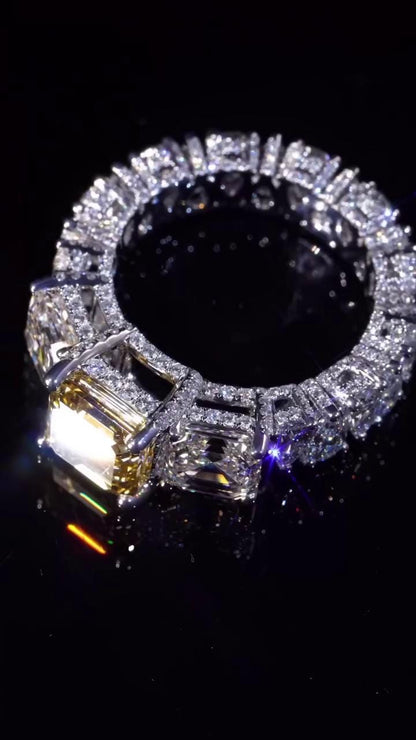 Yellow Asscher Cut Moissanite Ring, White Asscher & Pear Eternity Band, VVS1 925 Silver Statement Ring, 925 Sterling Silver