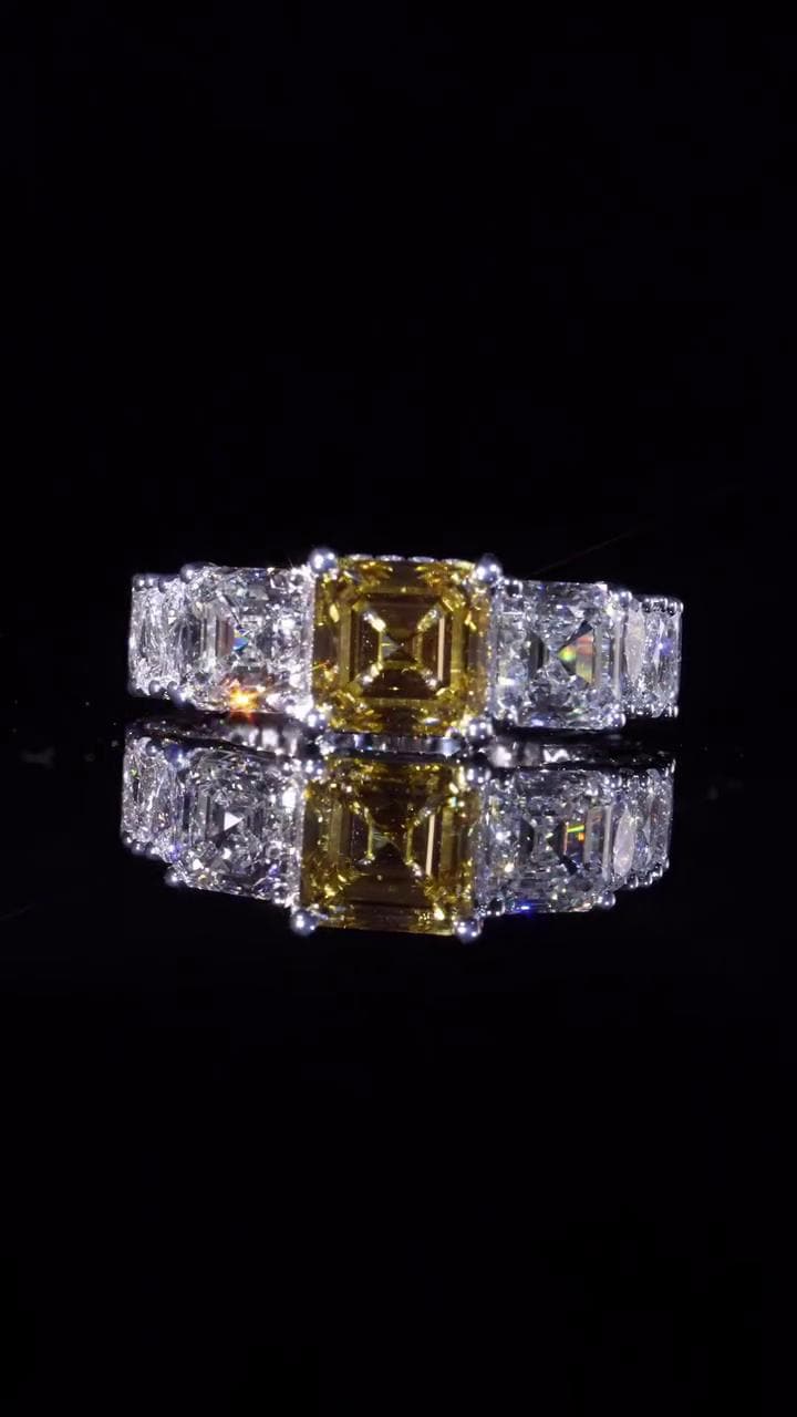 Yellow Asscher Cut Moissanite Ring, White Asscher & Pear Eternity Band, VVS1 925 Silver Statement Ring, 925 Sterling Silver