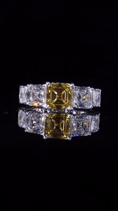Yellow Asscher Cut Moissanite Ring, White Asscher & Pear Eternity Band, VVS1 925 Silver Statement Ring, 925 Sterling Silver