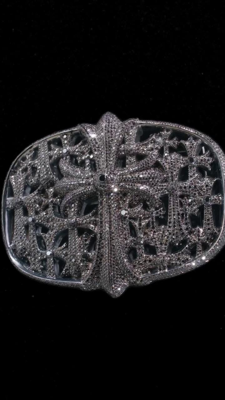 Black Moissanite Gothic Cross Belt Buckle, 925 Sterling Silver Cemetery Buckle, Iced Out Hip Hop Jewelry, Custom Men’s Buckle