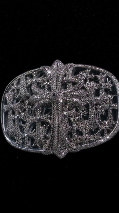 Black Moissanite Gothic Cross Belt Buckle, 925 Sterling Silver Cemetery Buckle, Iced Out Hip Hop Jewelry, Custom Men’s Buckle
