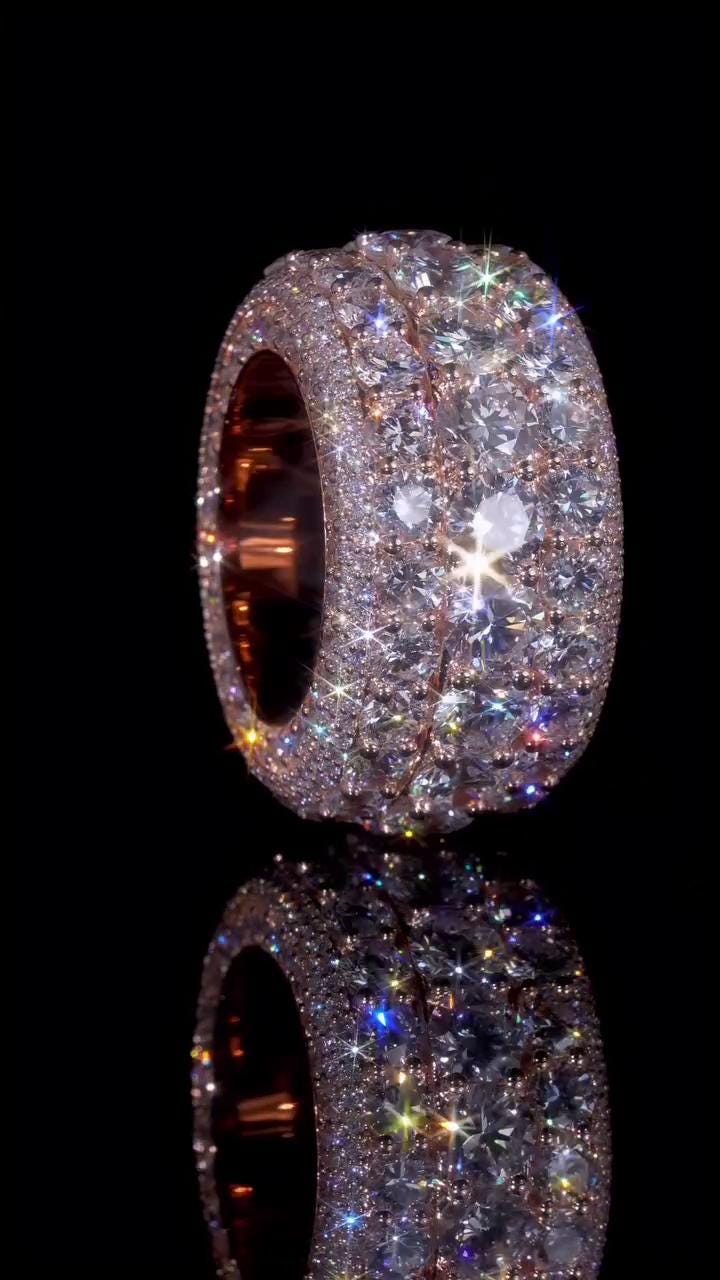 Wide Eternity Band Ring, Multi Row VVS1 Moissanite, Rose Gold Plated 925 Silver, Iced Out Hip Hop Statement Ring