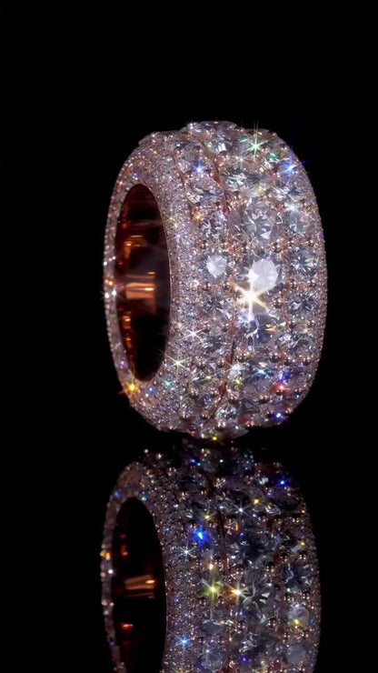 Wide Eternity Band Ring, Multi Row VVS1 Moissanite, Rose Gold Plated 925 Silver, Iced Out Hip Hop Statement Ring