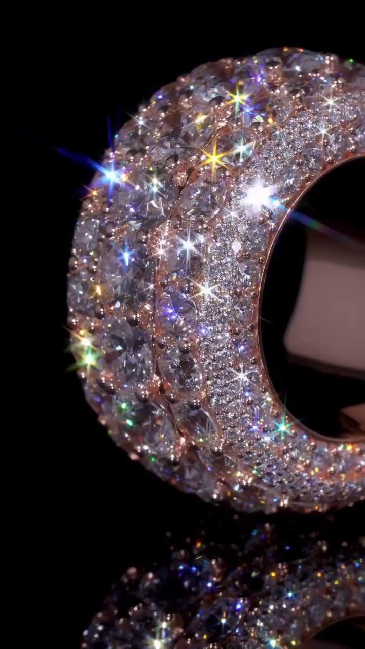 Wide Eternity Band Ring, Multi Row VVS1 Moissanite, Rose Gold Plated 925 Silver, Iced Out Hip Hop Statement Ring