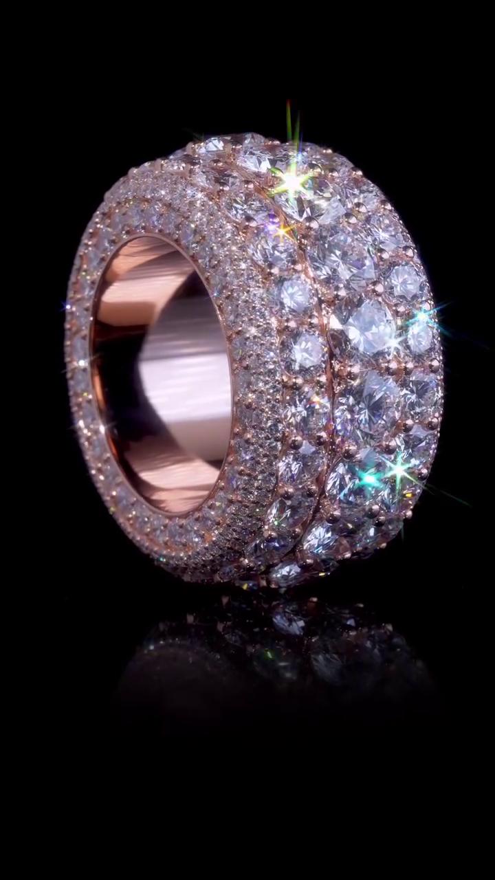 Wide Eternity Band Ring, Multi Row VVS1 Moissanite, Rose Gold Plated 925 Silver, Iced Out Hip Hop Statement Ring