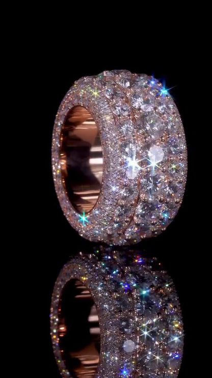 Wide Eternity Band Ring, Multi Row VVS1 Moissanite, Rose Gold Plated 925 Silver, Iced Out Hip Hop Statement Ring