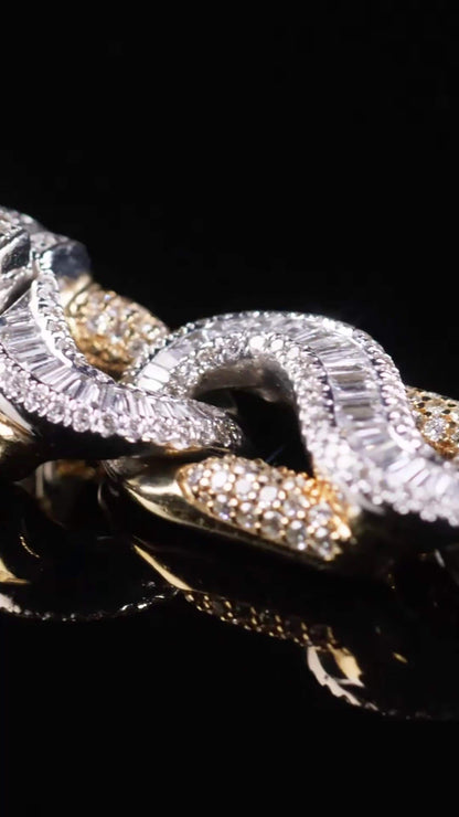 14mm Two Tone Baguette Wave Link Chain, VVS Moissanite, 925 Sterling Silver, Iced Out Hip Hop Necklace