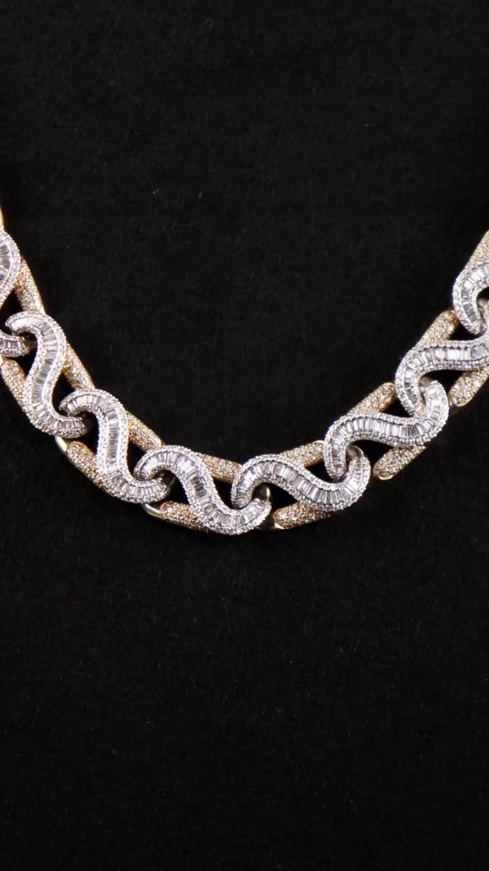 14mm Two Tone Baguette Wave Link Chain, VVS Moissanite, 925 Sterling Silver, Iced Out Hip Hop Necklace