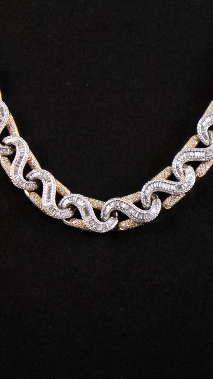 14mm Two Tone Baguette Wave Link Chain, VVS Moissanite, 925 Sterling Silver, Iced Out Hip Hop Necklace
